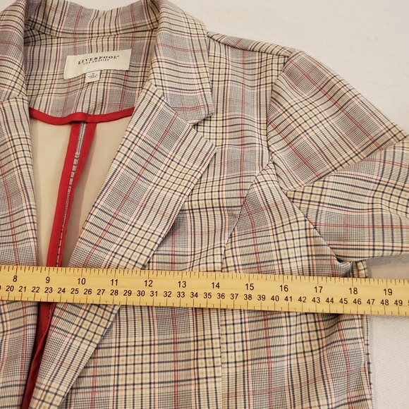 LIVERPOOL Los Angeles Gray White Glen Plaid Knit Open Front Boyfriend Blazer M - Picture 9 of 12
